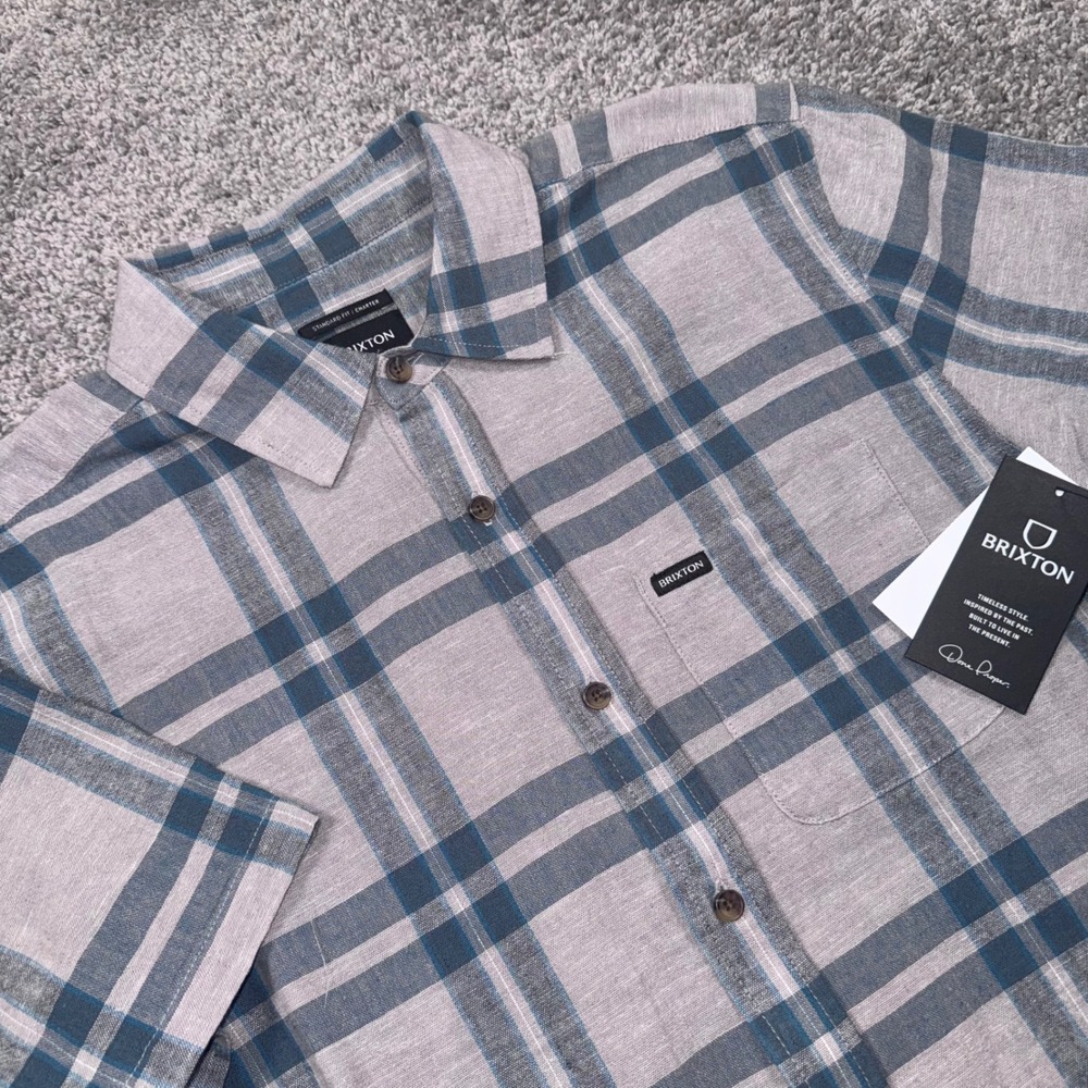 Brixton Charter Button Up Men Linen Blend Plaid Grey Blue M NEW